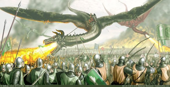 Aegon and his dragon burn the opposing armies of the Rock and the Reach