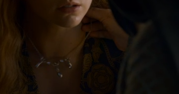Lady Olenna rearranging Margaery's necklace as she admits to her role in Joffrey's death
