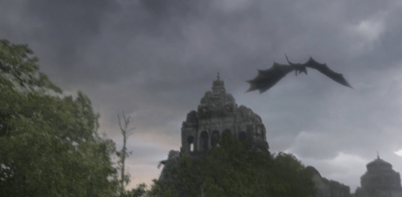 Drogon flies over the Valyrian ruins